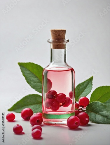 Wallpaper Mural A clear glass bottle of pale pink wintergreen oil stands upright on a plain white background, surrounded by fresh wintergreen leaves and a few bright red wintergreen berries Torontodigital.ca