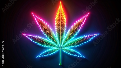 Neon glowing cannabis leaf in vibrant colors on black background for stock photo