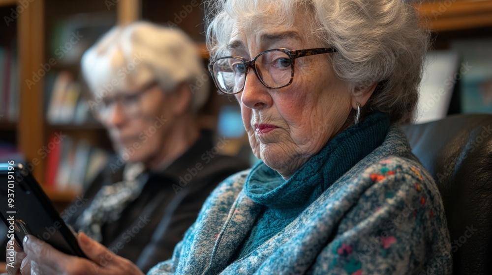 Senior woman using smartphone in library Senior woman using smartphone in library