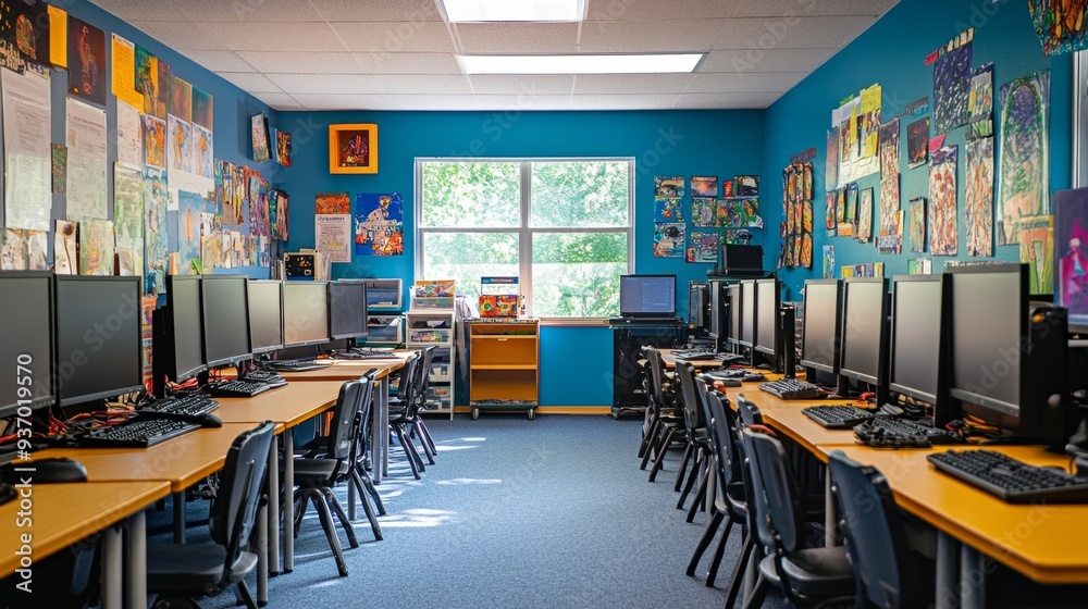 Computer Lab Classroom with Blue Walls and Colorful Art Computer Lab Classroom with Blue Walls and Colorful Art