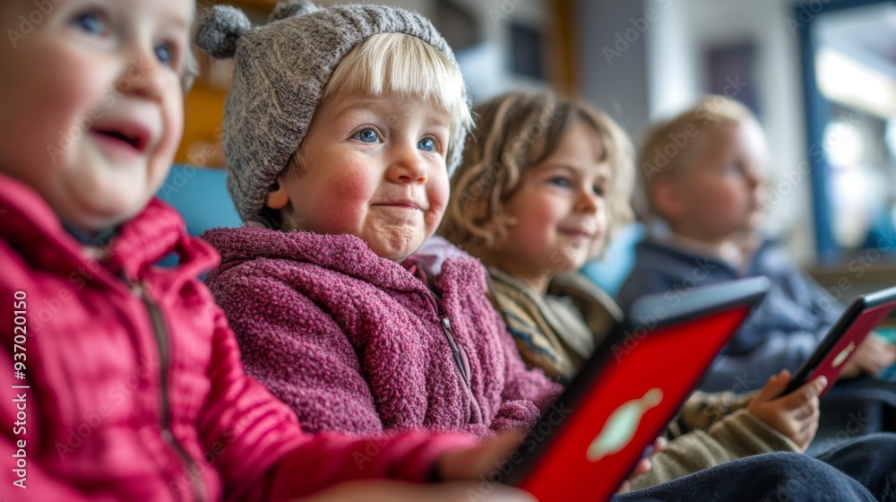 Cute Children Watching Tablet Screen Family Time Fun Entertainment Cute Children Watching Tablet Screen Family Time Fun Entertainment