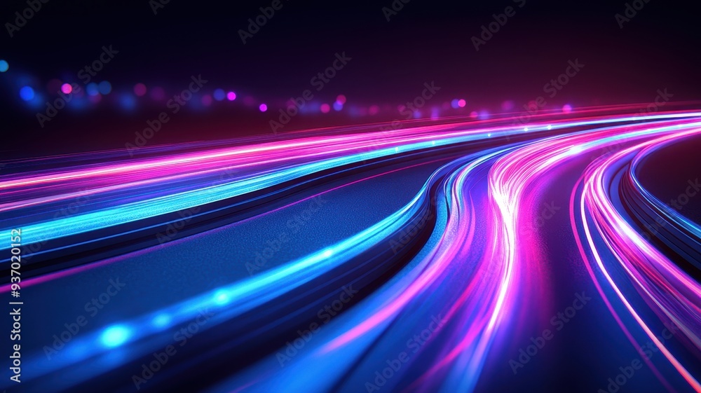 Vibrant neon lights create a dynamic motion effect, showcasing colorful streaks in a dark background, perfect for modern projects.