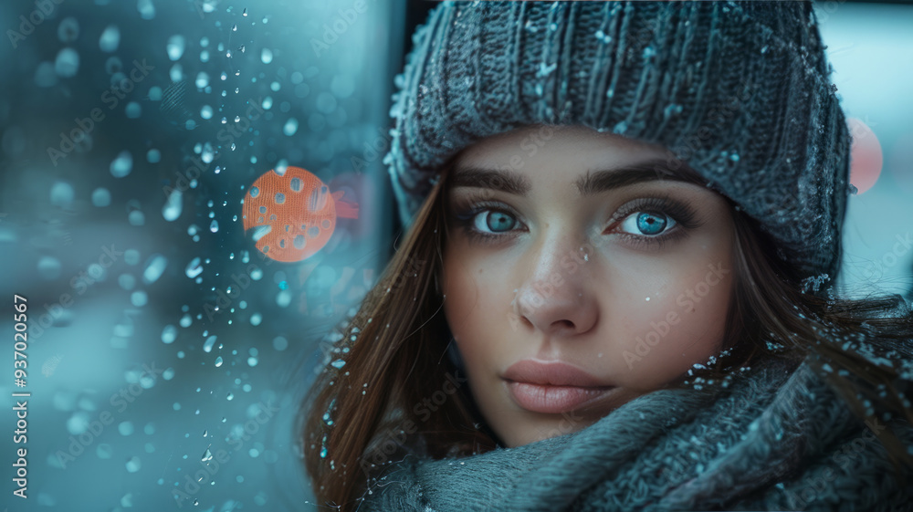 train compartment, a free and brave girl sits by the train window and looks into the distance with hope, winter outside the window