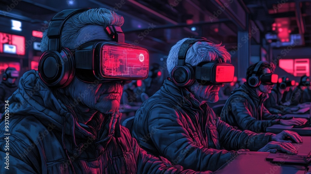Senior Men Wearing VR Headsets in a Neon Lit Room Senior Men Wearing VR Headsets in a Neon Lit Room