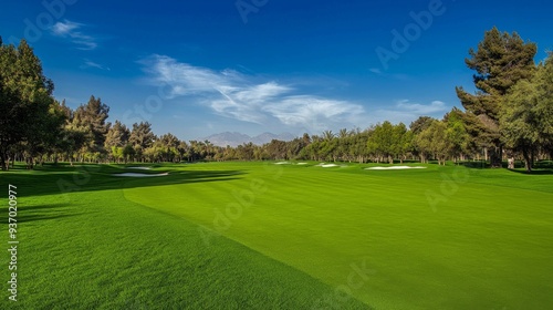 sprawling lawn under a bright blue sky, forming the expansive grounds of a large golf park