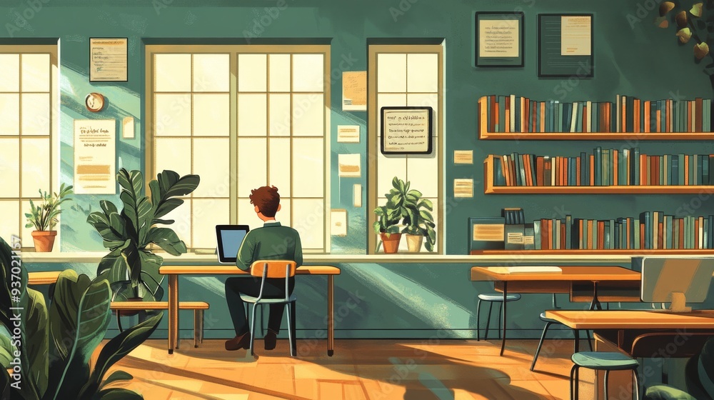Man working at desk in modern office with bookshelves and plants Man working at desk in modern office with bookshelves and plants