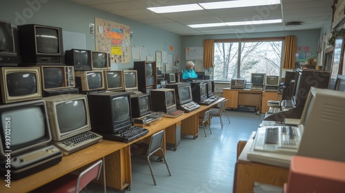 Retro Computer Room with CRT Monitors and Vintage Technology