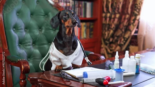 Dachshund dog in a white doctor's coat with a stethoscope sitting at a table with medicines in a luxurious office of a veterinary clinic Pet medical insurance, treatment by a zoopsychologist, check-up photo