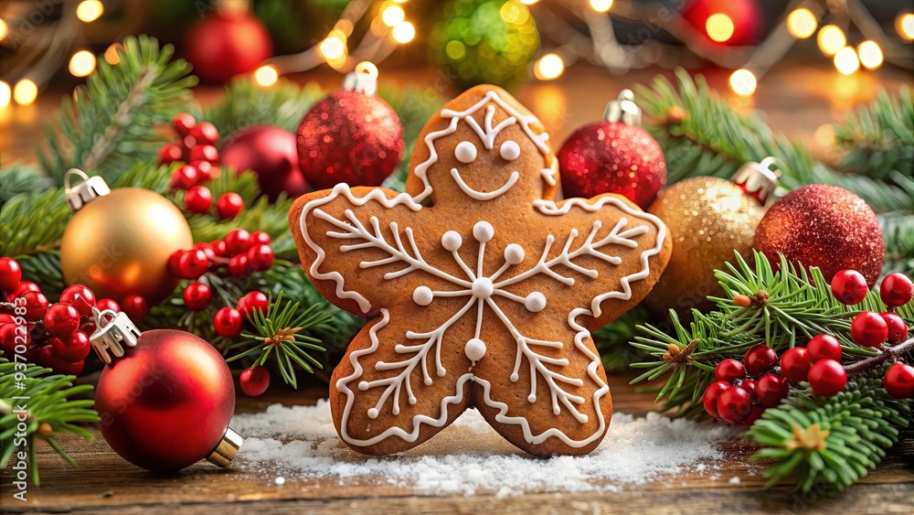 A delicious gingerbread cookie surrounded by festive Christmas decorations including ornaments, lights, and a snowflake