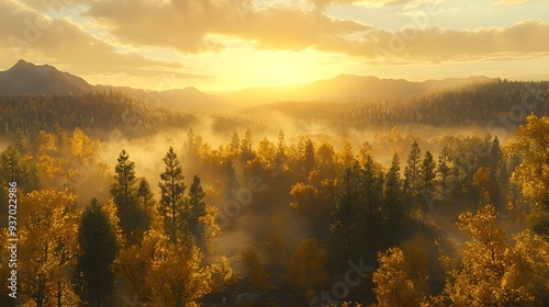 Golden Sunset Over Foggy Forest.