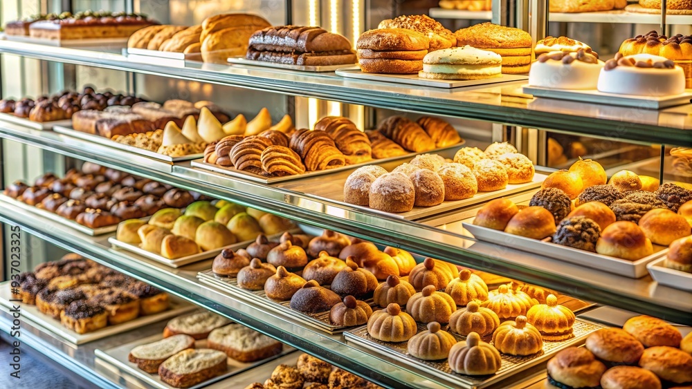 A display case filled with a variety of freshly baked pastries and desserts at a bakery A display case filled with a variety of freshly baked pastries and desserts at a bakery