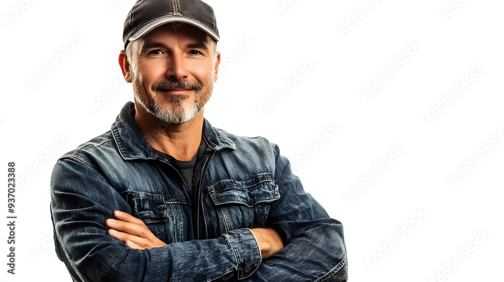 Confident Man in Denim Jacket and Baseball Cap. Confident Man in Denim Jacket and Baseball Cap.