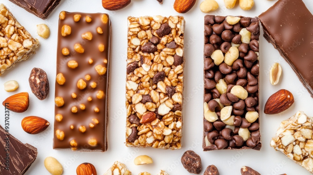 Granola Bars: A delectable trio of granola bars, each with a unique flavor profile, showcasing a variety of toppings including chocolate, nuts, and seeds. 