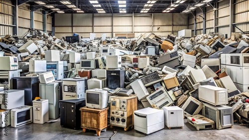 Electronics recycling center with piles of discarded appliances for electronic waste recycling photo