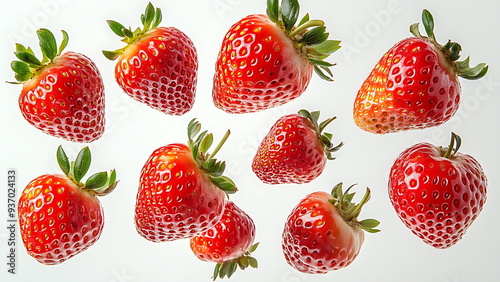 floating strawberries on white background