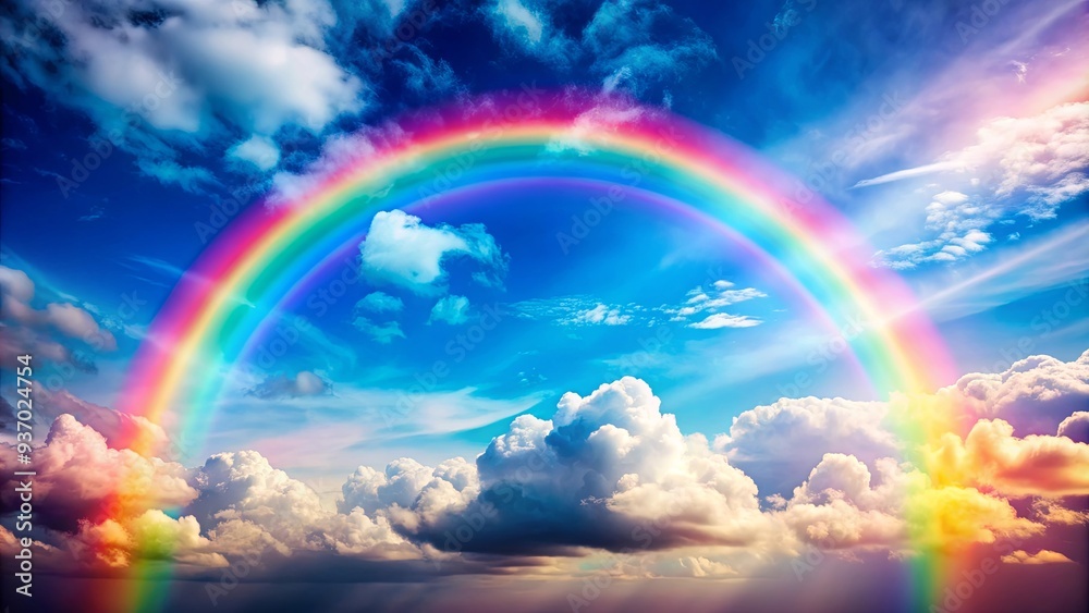 Colorful sky background with vibrant rainbow and fluffy clouds, perfect for adding a pop of color to any design project Colorful sky background with vibrant rainbow and fluffy clouds, perfect for adding a pop of color to any design project