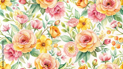 Watercolor seamless pattern with peach, yellow, and pink flowers in a floral design