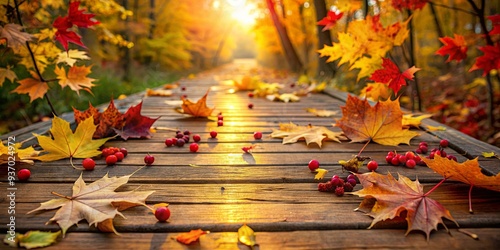 Colorful autumn leaves of yellow maple and red hawthorn decorating wooden pathway in the forest photo