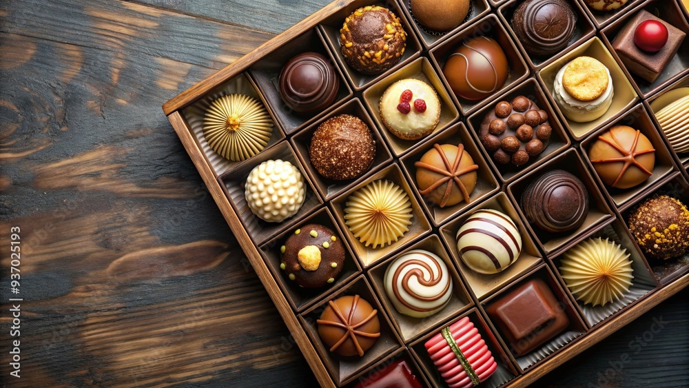 Assortment of delicious chocolates in a beautiful box, perfect for sweet treats and luxury desserts