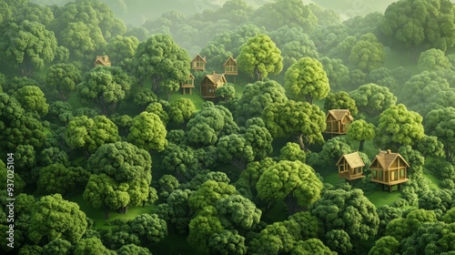 Treehouse Village in Lush Green Forest