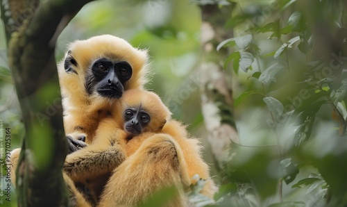 close image of Yellow Cheeked Gibbon monkey (Nomascus Gabriallae) mother with child in the forest. 