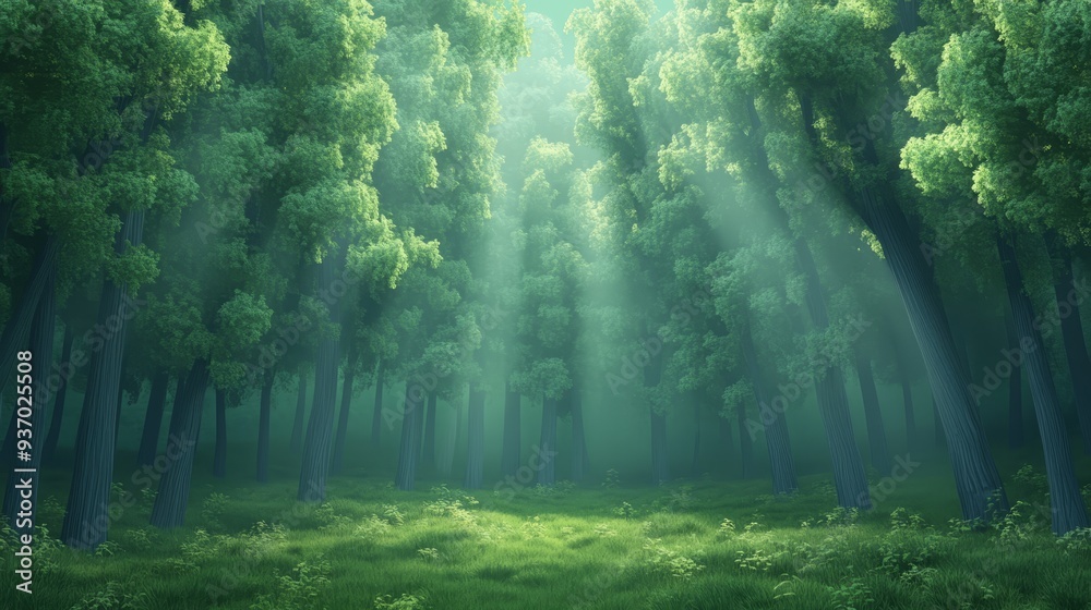 Obraz premium Sunbeams Through Misty Forest Canopy