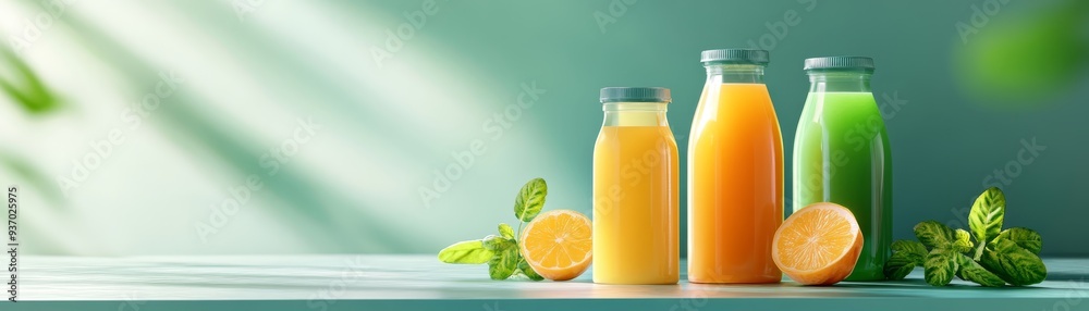 Fresh Juice Bottles with Lemon and Orange Slices on a Green Background Fresh Juice Bottles with Lemon and Orange Slices on a Green Background