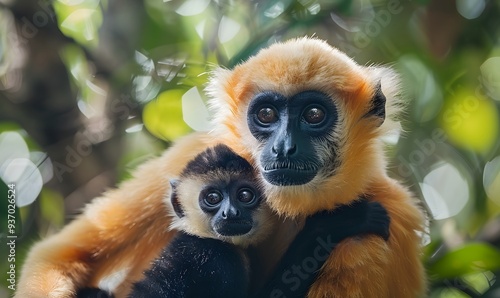 close image of Yellow Cheeked Gibbon monkey (Nomascus Gabriallae) mother with child in the forest. 