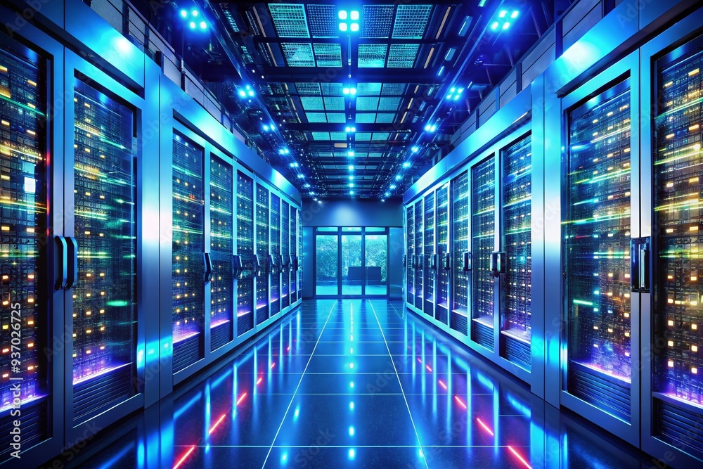 Fototapeta premium quantum computing 2023 futuristic data center server room bright cold tones high contrast sharp focus highlighting 2023 technological breakthroughs