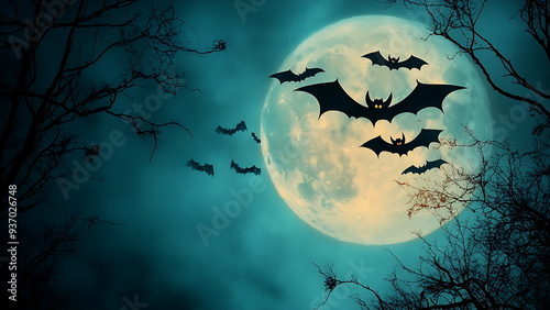 Halloween background with bats flying over the moon