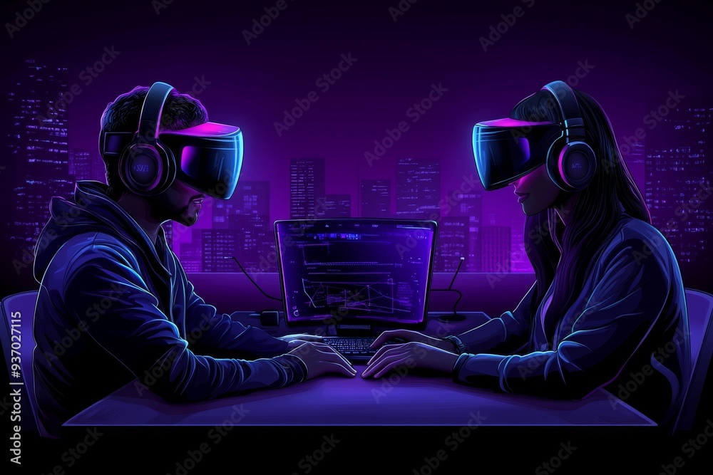 Neon lit scene of two gamers wearing VR headsets deeply immersed in a virtual world capturing the essence of modern gaming and digital interaction in a futuristic setting Neon lit scene of two gamers wearing VR headsets deeply immersed in a virtual world capturing the essence of modern gaming and digital interaction in a futuristic setting