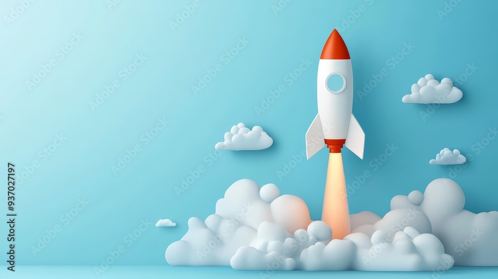 Rocket Launching Through Clouds on Blue Background Rocket Launching Through Clouds on Blue Background
