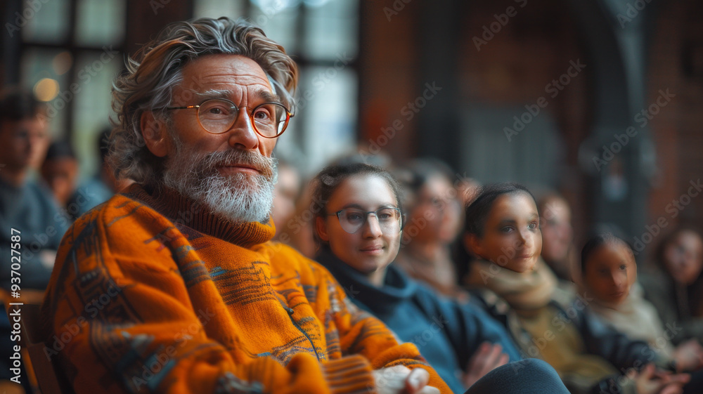 A friendly class scene with elegant men and women in craftsman attire, engaging in conversation, set against a backdrop of others. A friendly class scene with elegant men and women in craftsman attire, engaging in conversation, set against a backdrop of others.