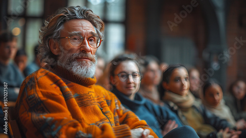 A friendly class scene with elegant men and women in craftsman attire, engaging in conversation, set against a backdrop of others.