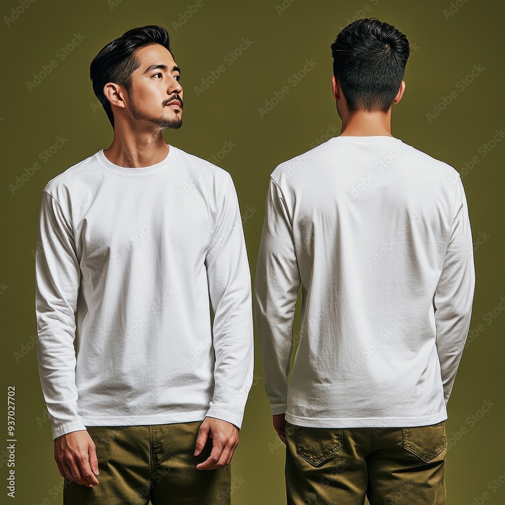 Young Man in White Long Sleeve T-Shirt Mockup, Front and Back View, Isolated on Green Background. Young Man in White Long Sleeve T-Shirt Mockup, Front and Back View, Isolated on Green Background.