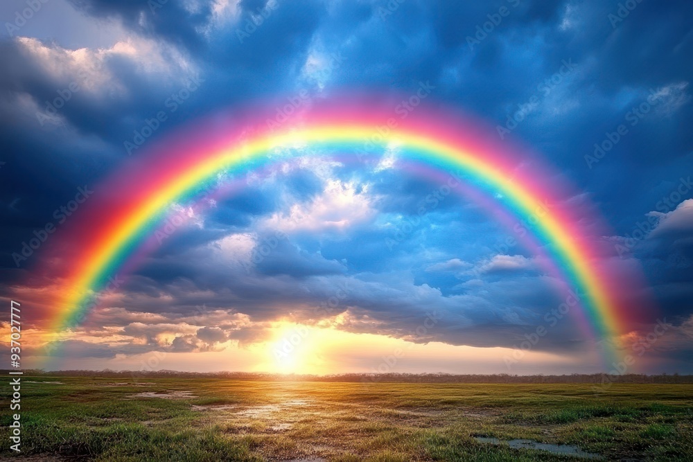 Dramatic Sunset with Rainbow Over Green Meadow and Dramatic Clouds. Dramatic Sunset with Rainbow Over Green Meadow and Dramatic Clouds.