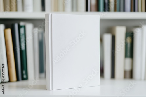 White Book Cover Mockup on Bookshelf with Blurred Background.