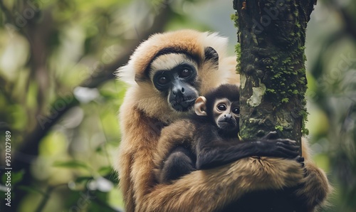 close image of Yellow Cheeked Gibbon monkey (Nomascus Gabriallae) mother with child in the forest.  photo