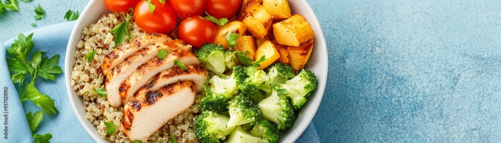 Healthy Quinoa Bowl with Chicken Broccoli Sweet Potato and Tomatoes Healthy Quinoa Bowl with Chicken Broccoli Sweet Potato and Tomatoes