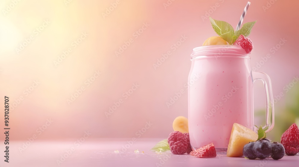 Pink Smoothie with Raspberries and Mint in Glass Jar with Straw on Pink Background Pink Smoothie with Raspberries and Mint in Glass Jar with Straw on Pink Background