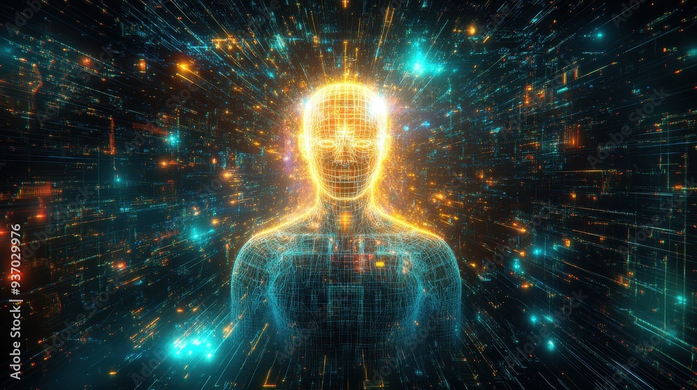Fototapeta premium Abstract Digital Human with Neon Lights and Data Stream - Futuristic Technology Concept.