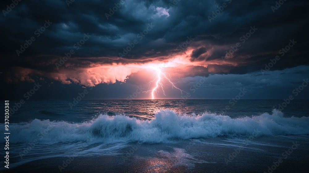 Fototapeta premium Dramatic Lightning Strike Over Ocean Waves at Sunset.