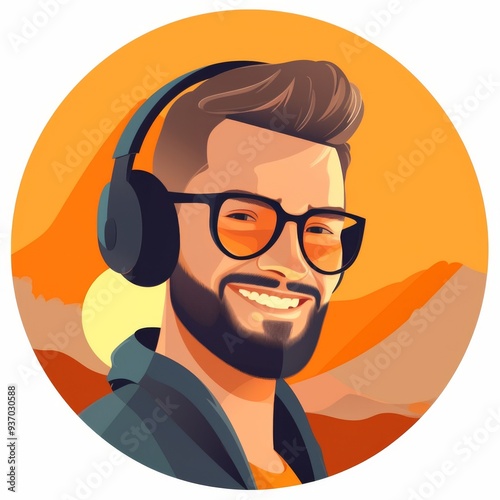 Smiling Man in Headphones Illustration with Sunset Background - Digital Art Portrait for Music and Lifestyle Use