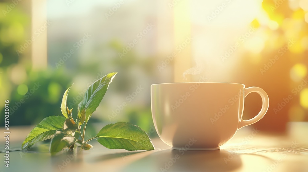 Morning Coffee with Warm Sunlight and Green Leaves Morning Coffee with Warm Sunlight and Green Leaves