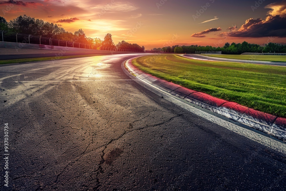 Naklejka premium Empty race track with green woods and a beautiful sunset, creating a serene and picturesque landscape.