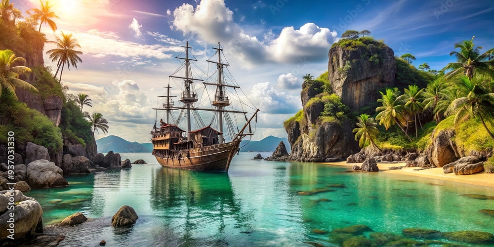 Fototapeta premium Pirate ship anchored in lagoon surrounded by rocks on tropical treasure island
