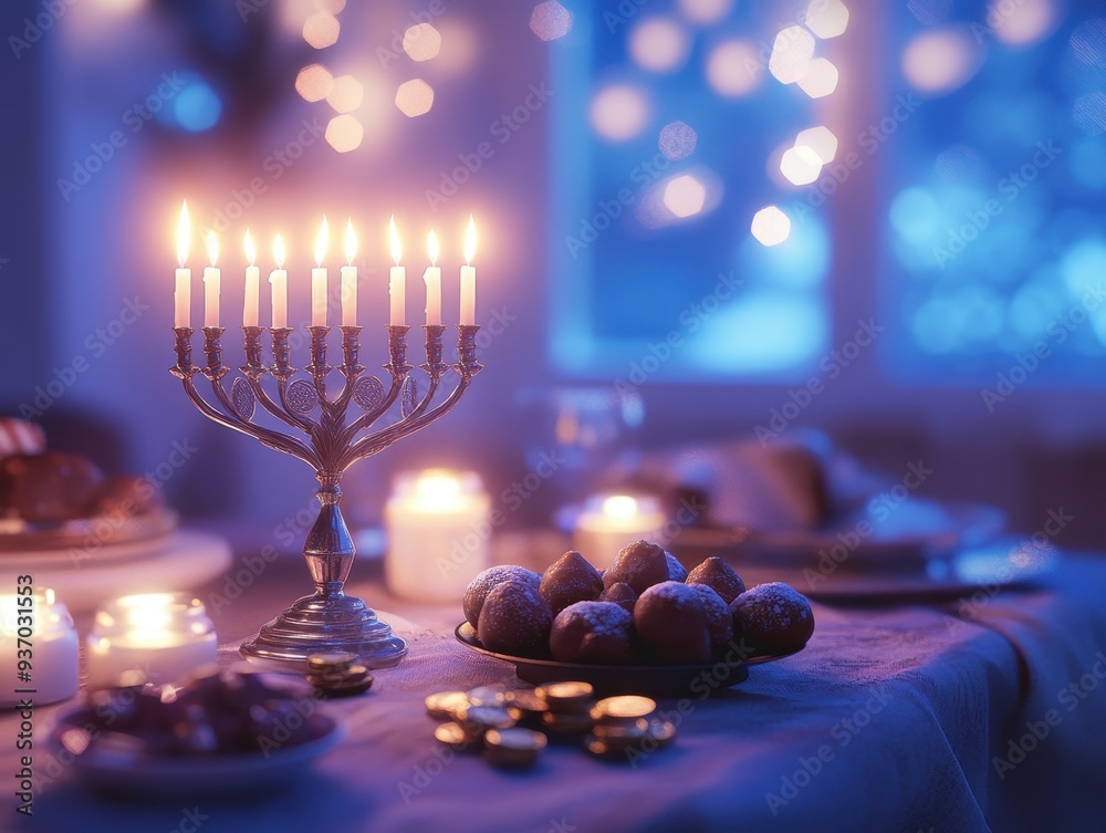 custom made wallpaper toronto digitalHanukkah Celebration with Menorah, Sufganiyot, and Chocolate Coins on a Table