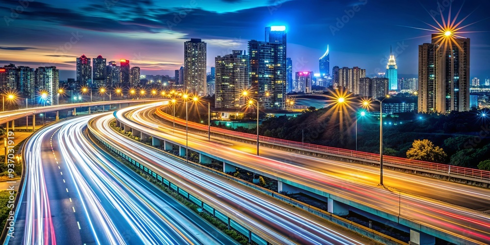 Obraz premium Highway lights illuminating cityscape with streaks of traffic at night, long exposure photography