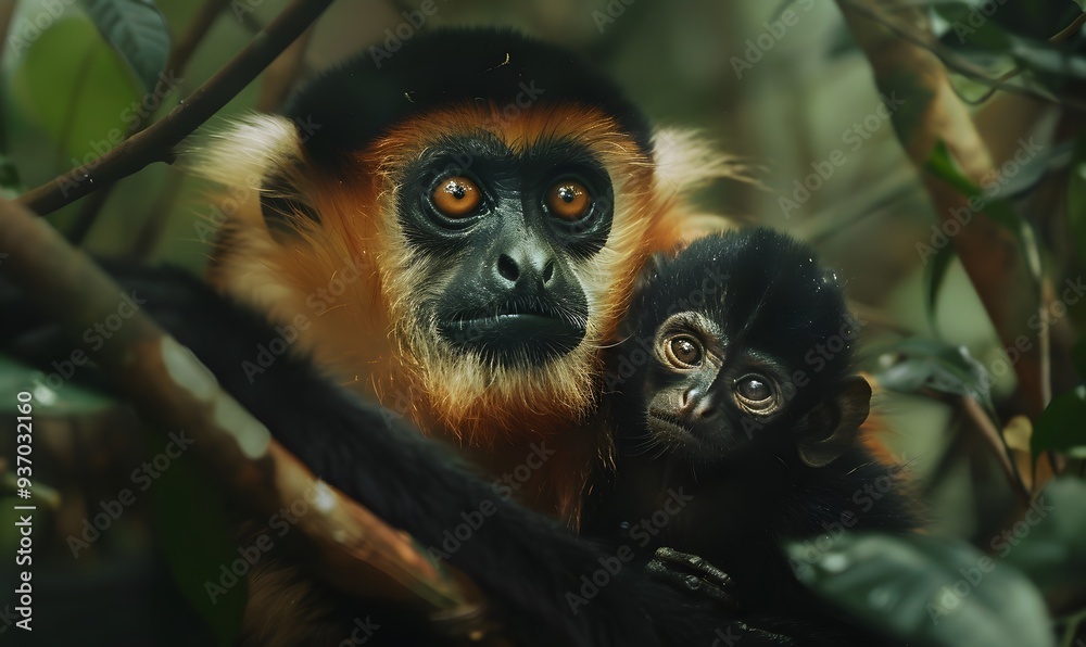 close image of Yellow Cheeked Gibbon monkey (Nomascus Gabriallae) mother with child in the forest. close image of Yellow Cheeked Gibbon monkey (Nomascus Gabriallae) mother with child in the forest.