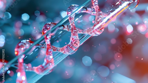 Close-Up of DNA Helix with Glowing Red and Blue Lights, Abstract Scientific Background, Biotechnology and Genetic Research Concept